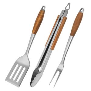 3 Piece Stainless Steel BBQ Tool Set with Wood Handles