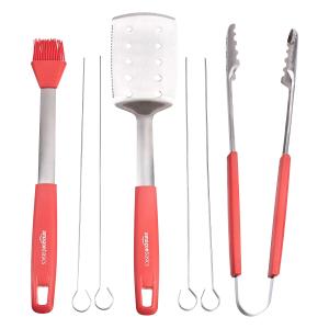 7 Piece BBQ Tool Set with Skewers and Silicone Handles